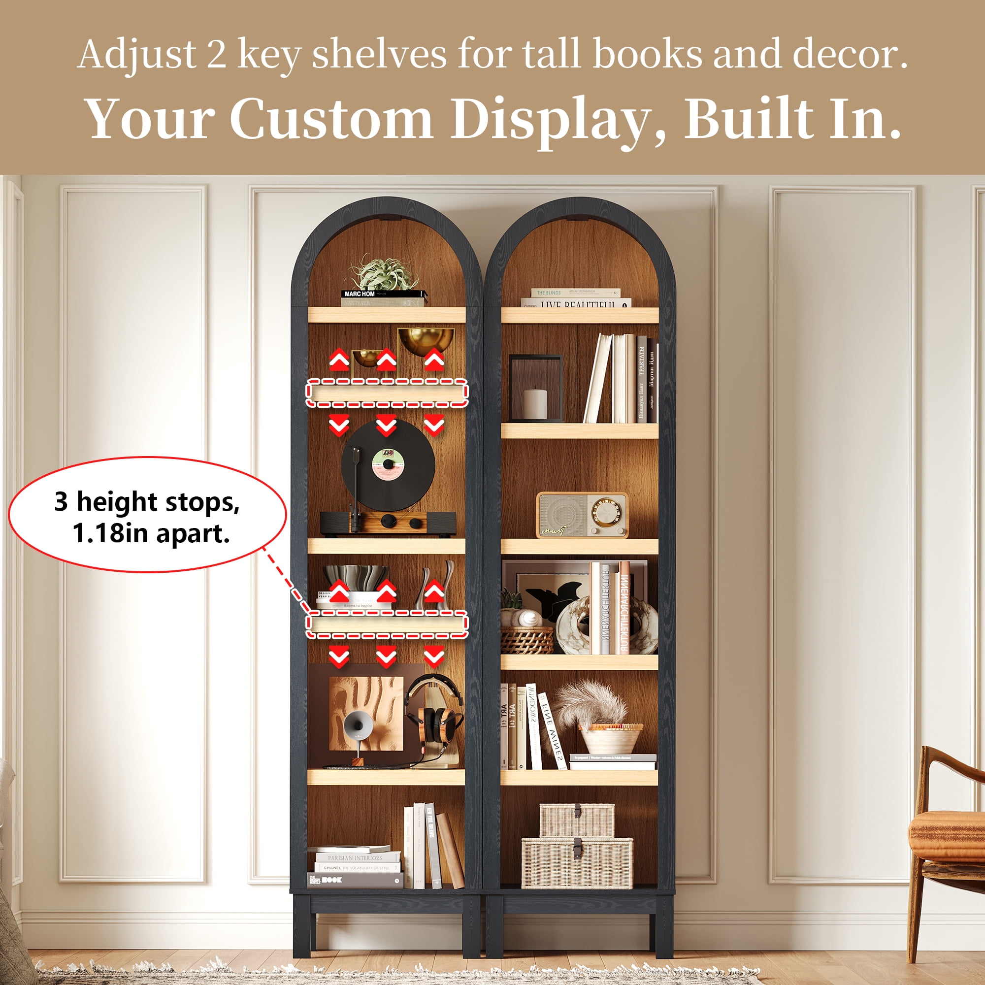 Kromapolis 6-Tier Arched Storage Bookcase with 2 Adjustable Shelves,Narrow Wood Bookshelf Open Display Shelves for Living Room,Entryway,Bedroom,Rich Black and Light Honey,Assembly Require
