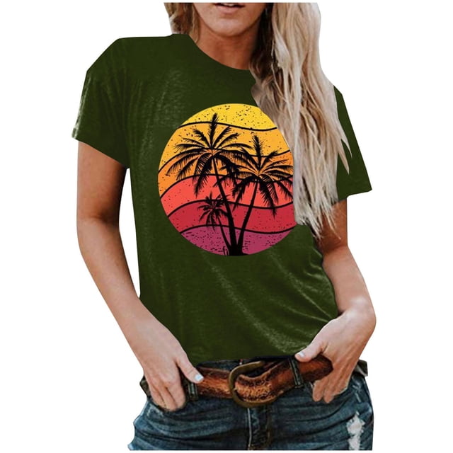RKSTN T-Shirts Graphiques pour Femmes Col Rond Manches Courtes Blouse de Plage Hauts Aguichant Impression Régulière Chemises