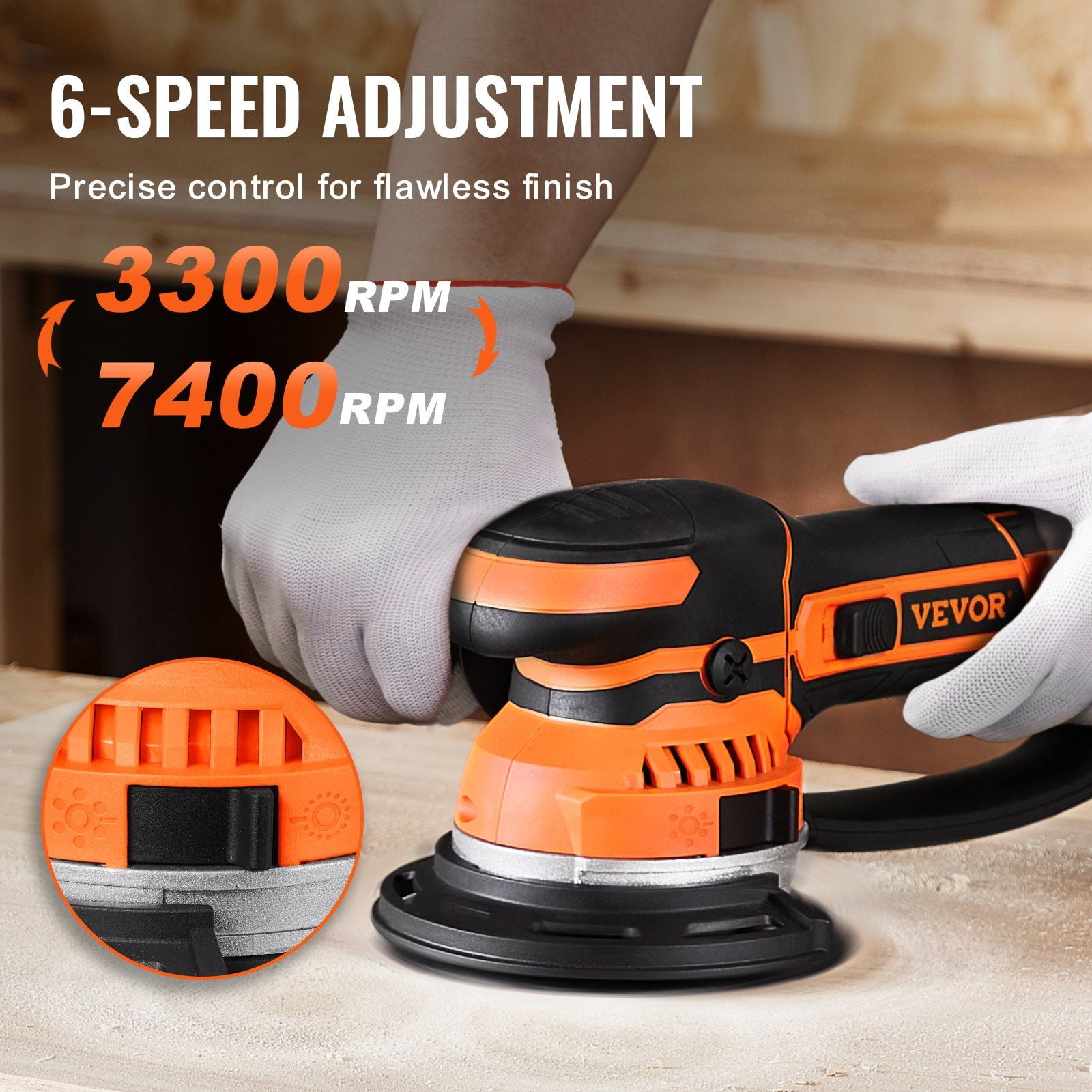 6 Inch Dual Action Random Orbital Sander 850W 7400RPM Variable Speed Electric Palm Sander with 10 Sandpapers Dust Connector for Woodworking Detailing
