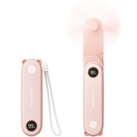 SWEETFULL Portable Handheld Mini Fan with LED Display, 2-in-1 Personal Foldable USB Rechargeable Hand Held Fan & Flashlight for Travel, Lash Eyelash, Cute Small Pocket Fan for Women, Girls
