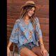 thumbnail image 4 of Camiseta de Verano para Mujer, Elegante, Informal, con Mangas 3/4, Cuello en V, Estilo Étnico Bohemio y Estampado Acampanado. Azul XXL, 4 of 7