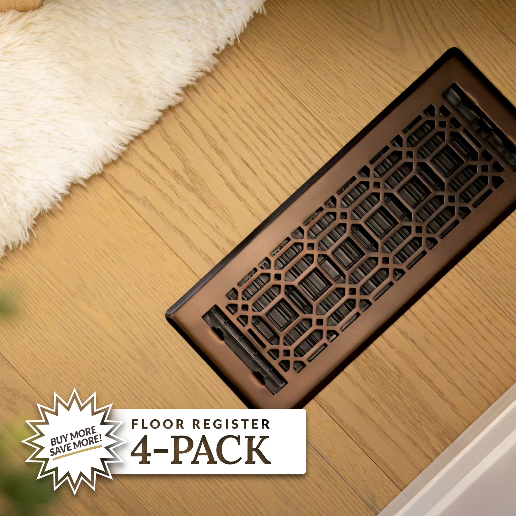 Decor Grates (4-Pack) 4x10 New Gothic Floor Register Vent Cover, Adjustable Airflow Control, Rubbed Bronze (NGH410-RB)