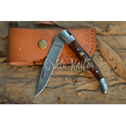 Hand Forged Damascus Steel Rose Wood Handle Pocket Knife With Genuine Cow Sheath.