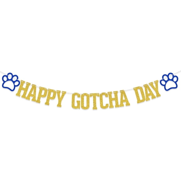 Happy Gotcha Day Banner Pet Adoption Party Decorations Lets Pawty Together Birthday Party Decor Dog Cat Gotcha Party Supplies Gold Blue Glitter