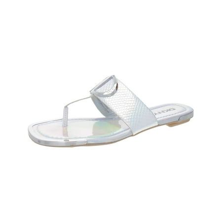 

DKNY Womens Silver Snake D-Ring-Style Hardware Iridescent Metallic Halcott Square Toe Block Heel Slip On Thong Sandals Shoes 7.5 M