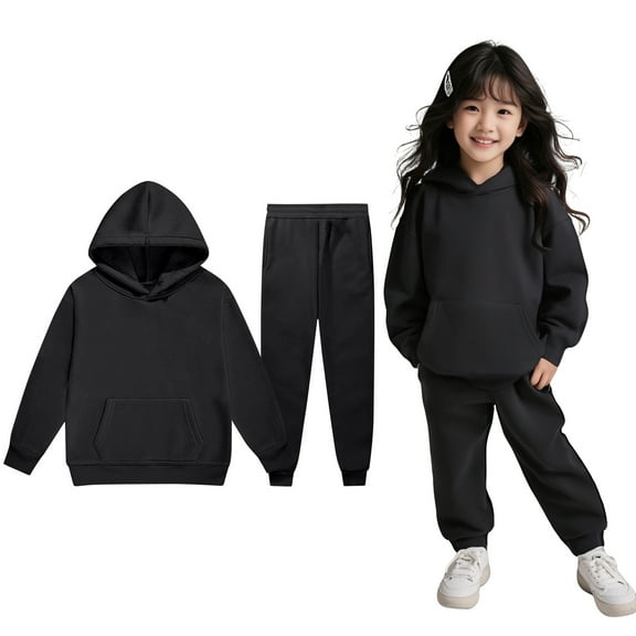 Child Boys Girls Active Sweatsuit 2 Piece Long Sleeve Black Pullover Hoodie Sweatpants Set Fall Clothes Girls Set8-9 Years