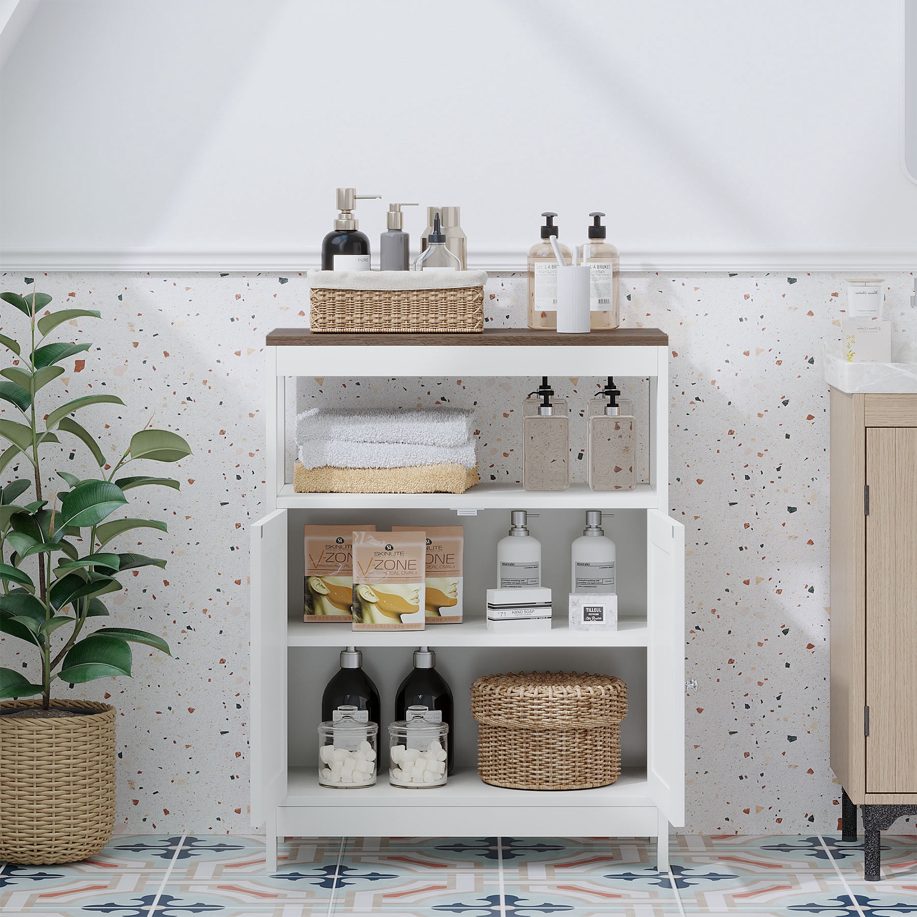 S-HOME Storage Cabinet with Double Doors in White, Free-Standing Design, Adjustable Shelf for Bathroom or Kitchen Use
