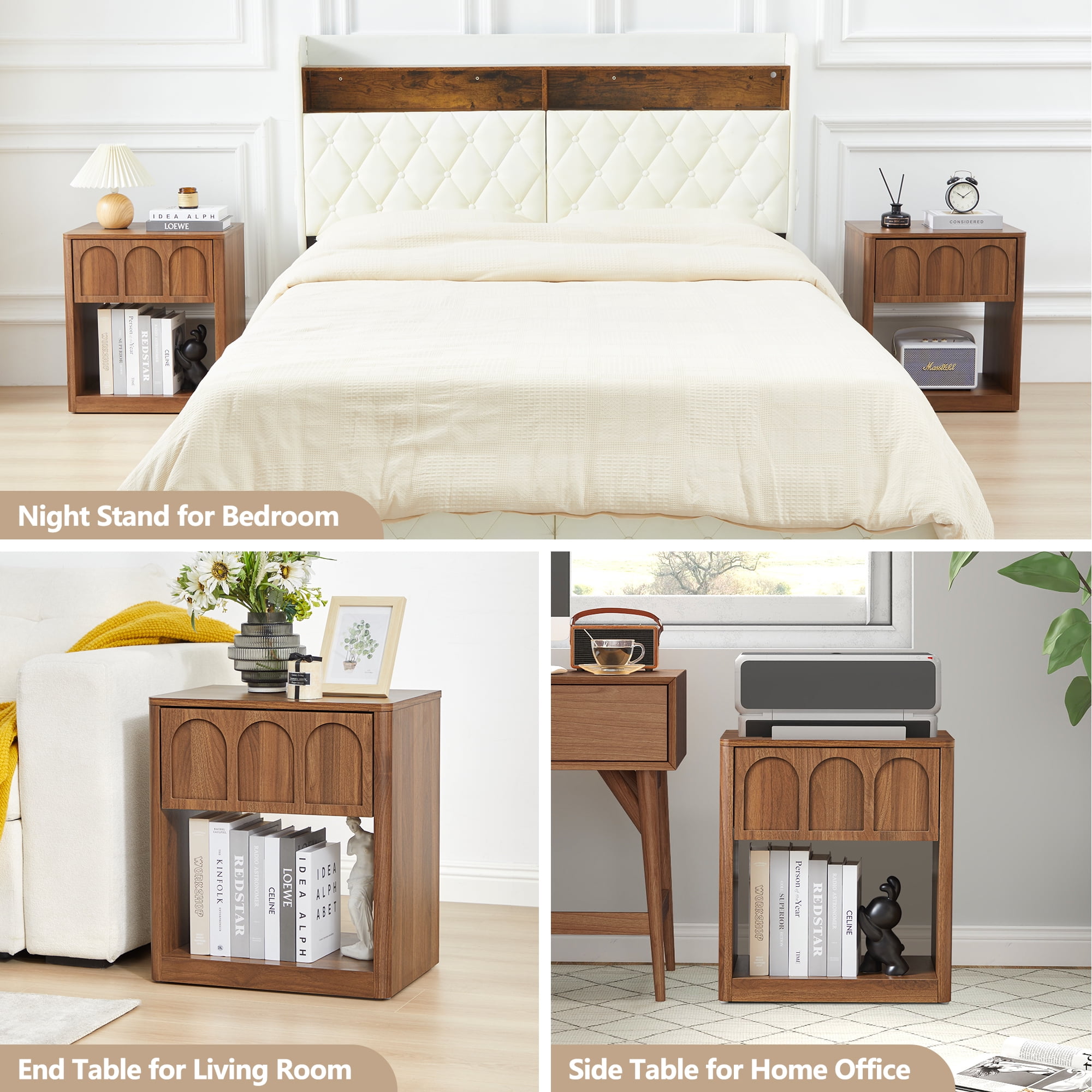 YOCWO Walnut Nightstand Set of 2 with Drawer for Bedroom, Wood Bedside Table with Arched Fluted