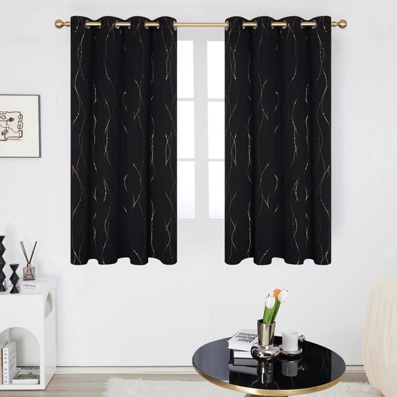 Deconovo Window Curtains Wave Line with Dots Gold Foil Print Design Grommet Blackout Curtains for Kitchen 52 x 45 inch Black 2 Panels