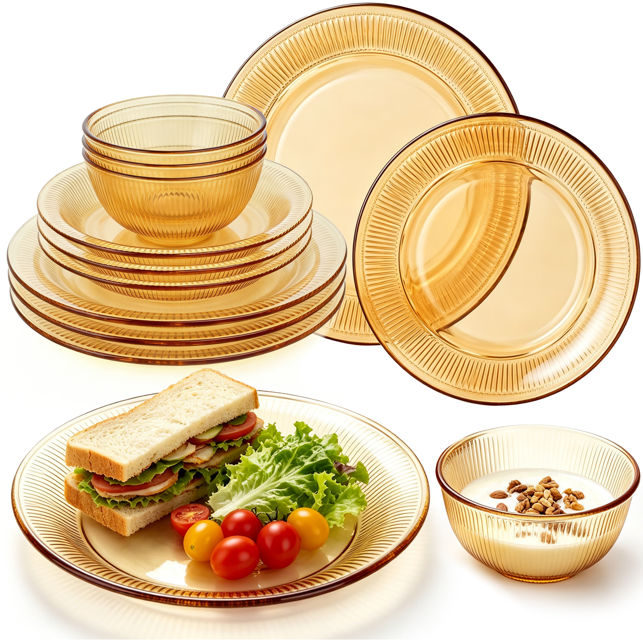 TINANA 12 Piece Amber Glass Dinnerware Set, Stackable Plates and Bowls Set, Service for 4, Microwave & Dishwasher Safe