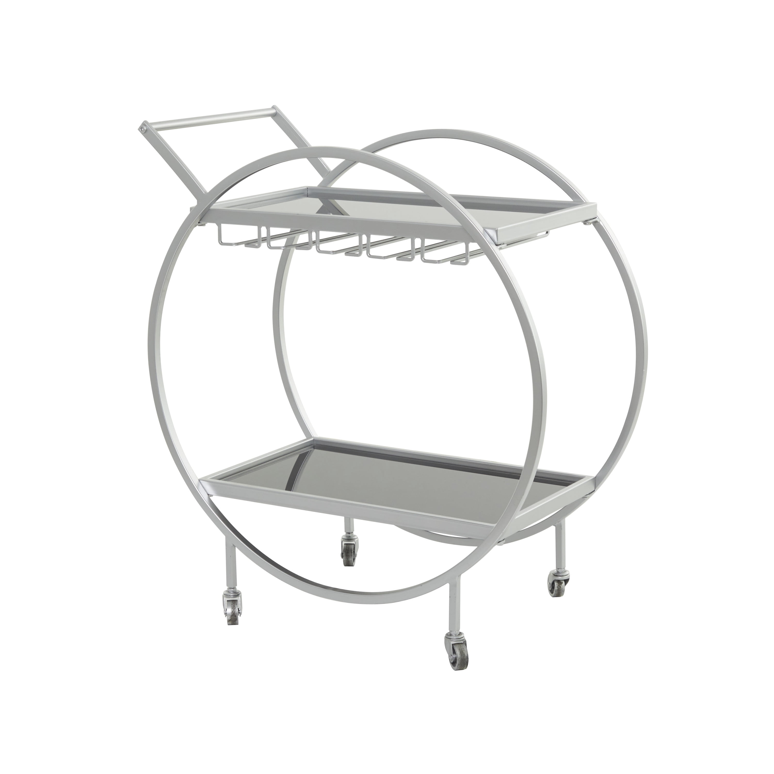 DecMode 28" x 31" Silver Metal Rolling 2 Mirrored Shelves Bar Cart with Wine Glass Storage and Handle, 1-Piece