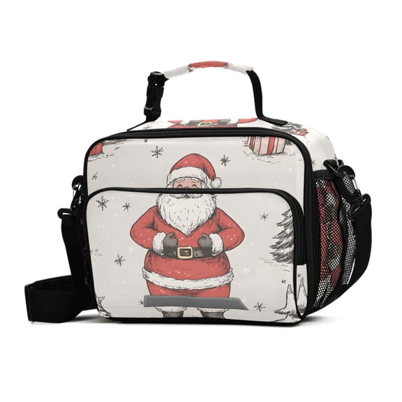 FORMRS Student Insulated Lunch Bag with Shoulder Strap Reusable Cooler Box for School, Beige Christmas Santa