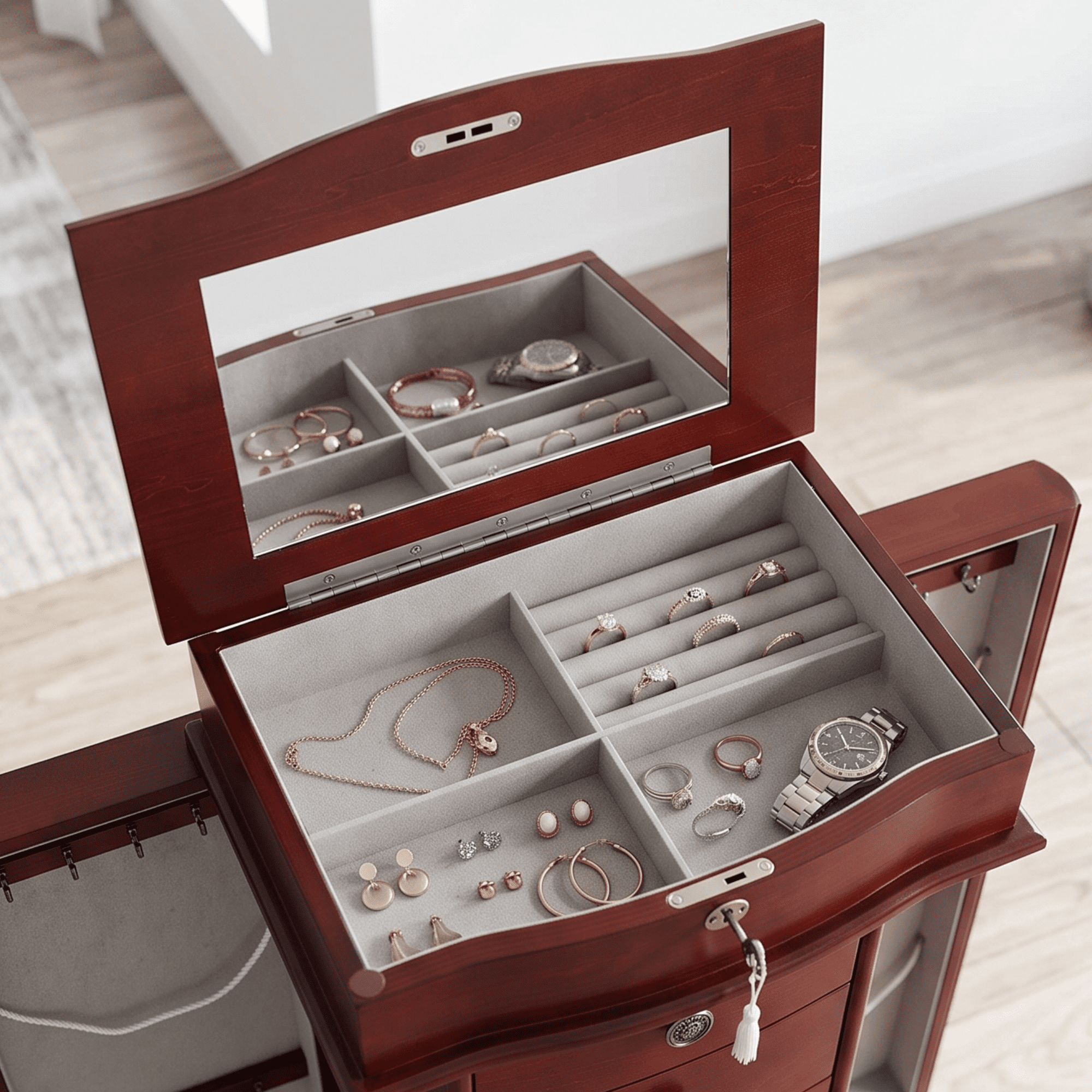 Hives and Honey Nora Traditional Jewelry Armoire with Locking Compartment and Ample Storage, Cherry
