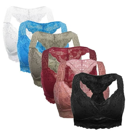 

Ruziyoog 6PC Womens Comfortable Bra Lingerie Soft Everyday Bralettes V-Neck Underwear Black White Pink Wine Blue Gray L