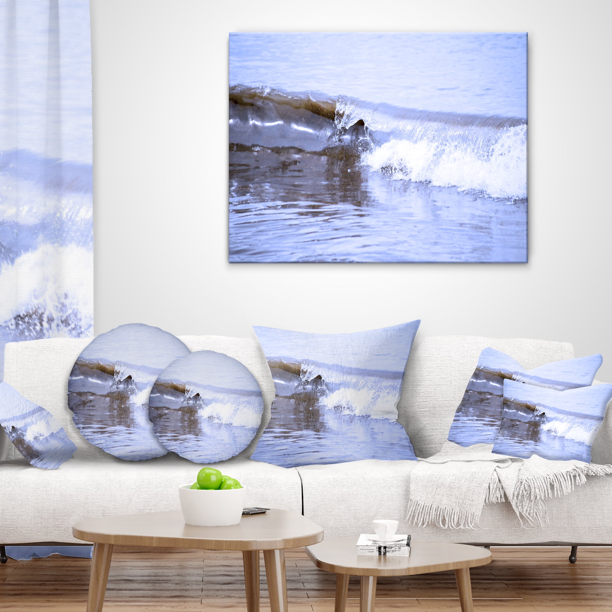 Designart Crisp Blue Waves Splashing Beach - Seashore Throw Pillow - 18x18