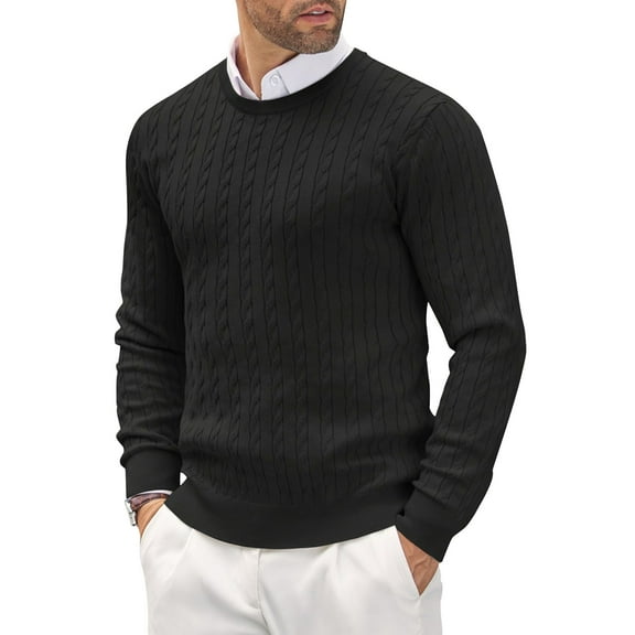 Men's Crewneck Pullover Sweater Textured Long Sleeve Knitted Sweaters Black M