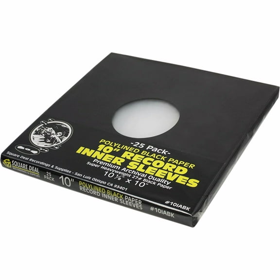 (25) 10" Polylined & Black Paper Super Heavyweight Record Inner Sleeves with Hole - Archival Quality, Acid Free #10IABK