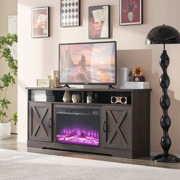 PLAUIN 63" TV Stand with 26" Fireplace, Entertainment Center for TVs up to 73", Dark Walnut & Wood