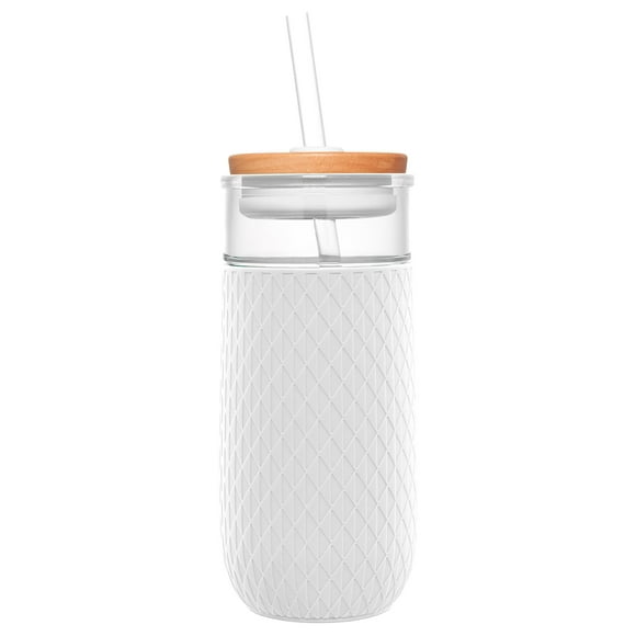 Vaso de cristal Ello Devon, 530 ml, con tapa de paja de bambú, color blanco
