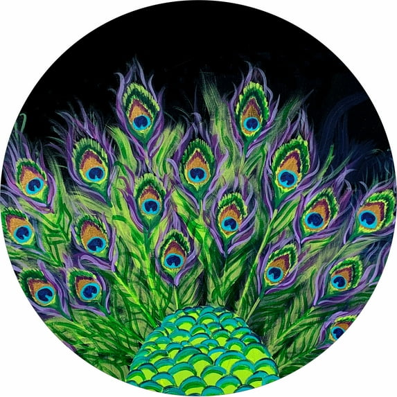 Tire Cover Central Peacock Tail Feathers Black Vinyl (Select Size/Camera in Menu)265/70R17