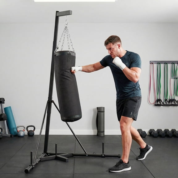 Soozier Punching Bag with Stand for Adults, 72.8"-90.9" Height Adjustable Freestanding Boxing Stand with Canvas Sandbag, Black