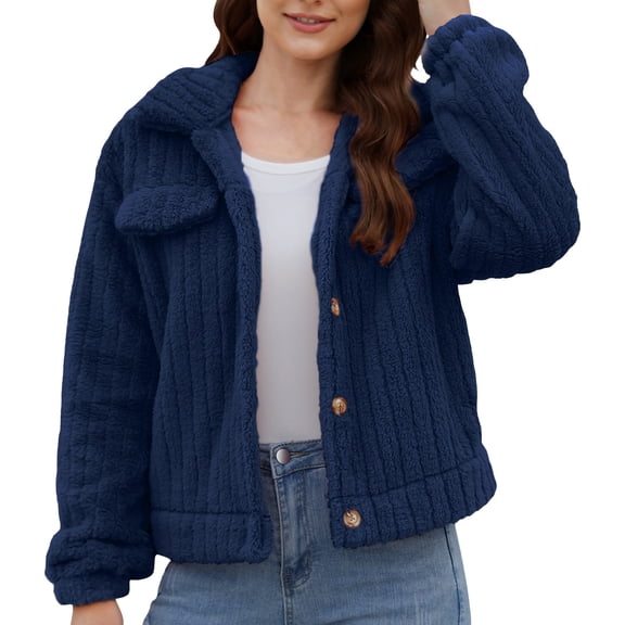 Yigetop Cropped Fleece Jacket Women, Women's Solid Fleece Jacket Fuzzy Cropped Sherpa Jacket Button Down Drop Shoulder Crop Teddy Coat Zip Up Jacket Blue L