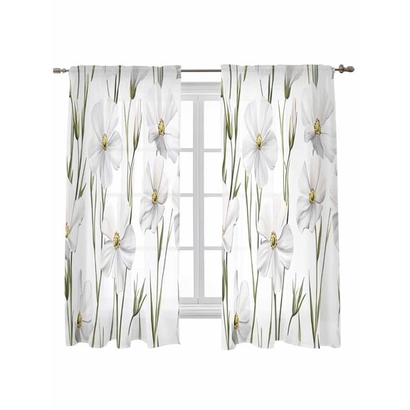 White Floral Curtains 63 Inch Length, Sheer Curtains for Bedroom Living Room Window Garden Floral Seasonal Botanical Blooms Rod Pocket Voile Drapes Kitchen Curtains Small Half Window 42"x63" 2 Panels