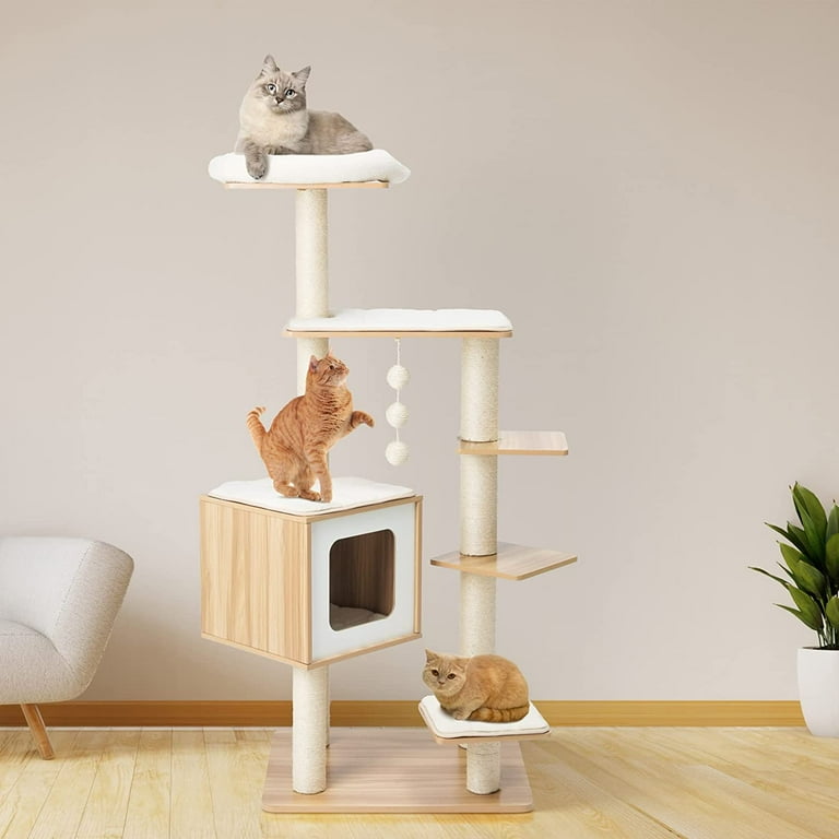 Arlopu 55 Wood Multi Level Cat Tree Tower with Condo Scratching Post Cat Climbing Stand Furniture with Washable Mats
