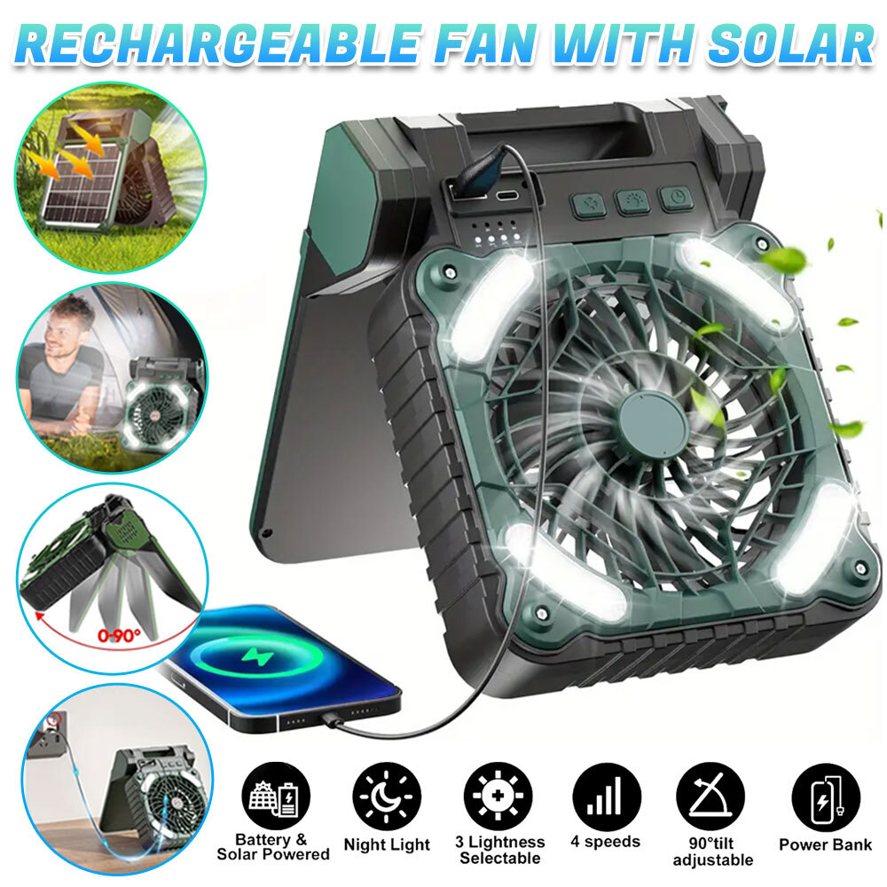Solar Camping Fan with LED Lantern,DFITO 10000mAh 6-Inch Rechargeable Battery Powered Fan, Stepless Speed and Quiet Battery Operated Tent Fan for Camping, PowerOutage, Hurricane, Jobsite