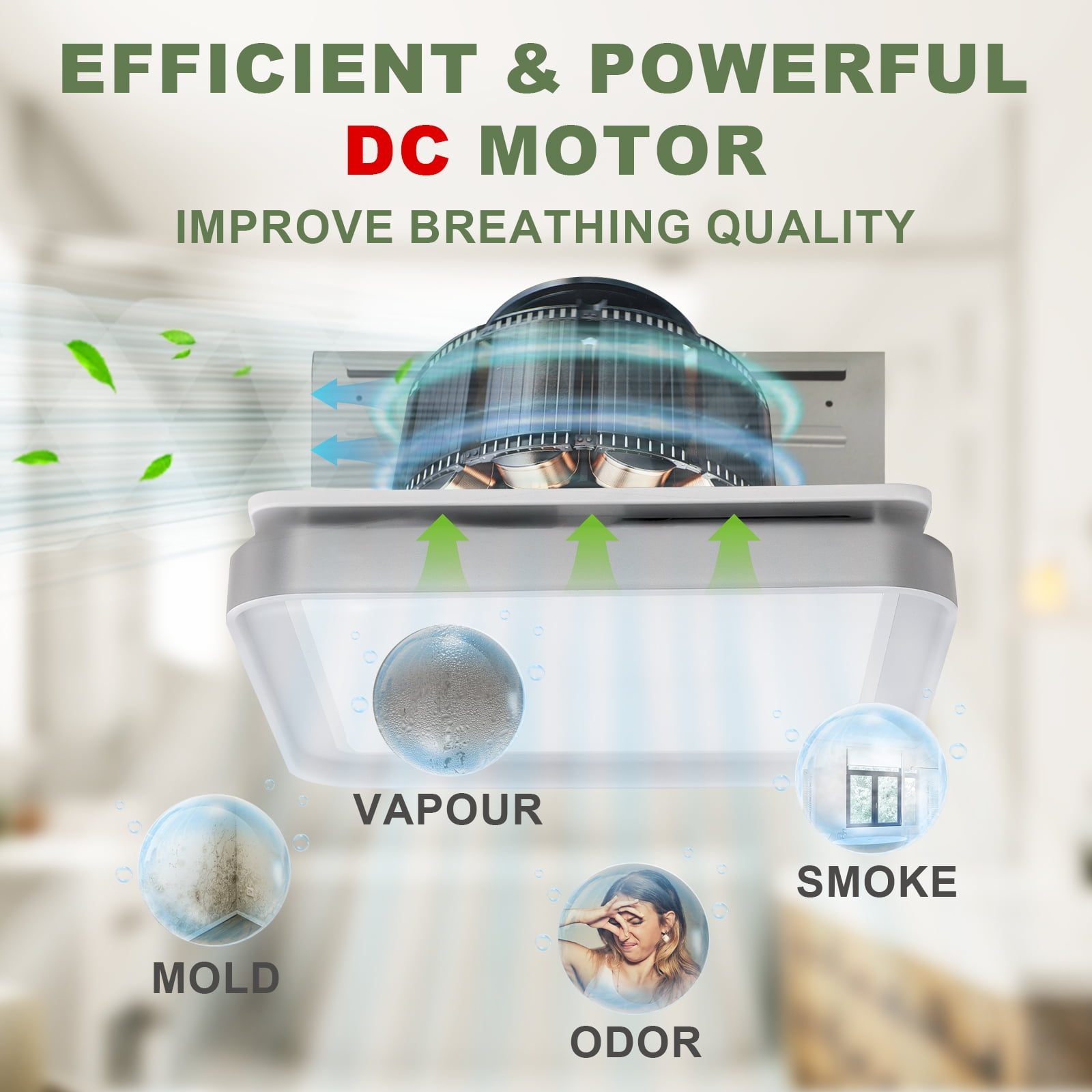 Akicon Exhaust Fan with Shower Light, DC Ultra-Quiet and Energy-Saving Bathroom Fan with Light, 50-80-100 CFM, 15W Dimmable 3CCT LED Light with 7W 2-Color Night Light Ventilation Fan, Square, Silver