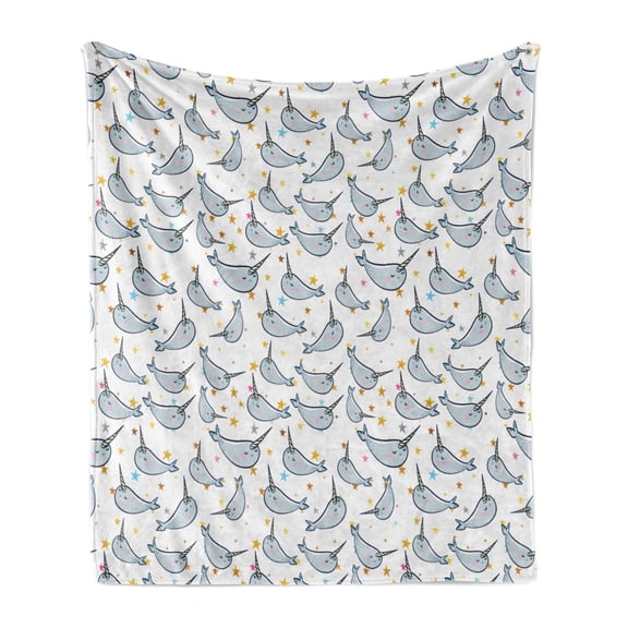 Narwhal Soft Flannel Fleece Blanket, Unicorn of the Oceans Pattern in Cartoon Nursery Style Composition Colorful Design, Cozy Plush for Indoor and Outdoor Use, 50" x 60", Multicolor, by Ambesonne