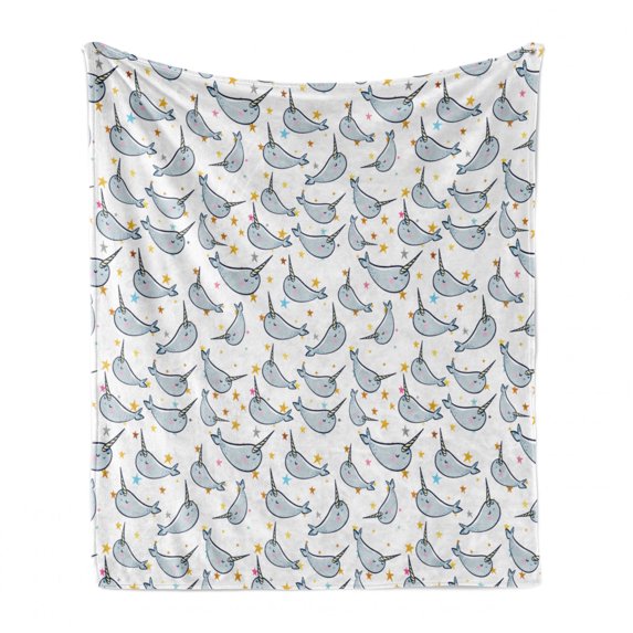 Narwhal Soft Flannel Fleece Blanket, Unicorn of the Oceans Pattern in Cartoon Nursery Style Composition Colorful Design, Cozy Plush for Indoor and Outdoor Use, 70" x 90", Multicolor, by Ambesonne
