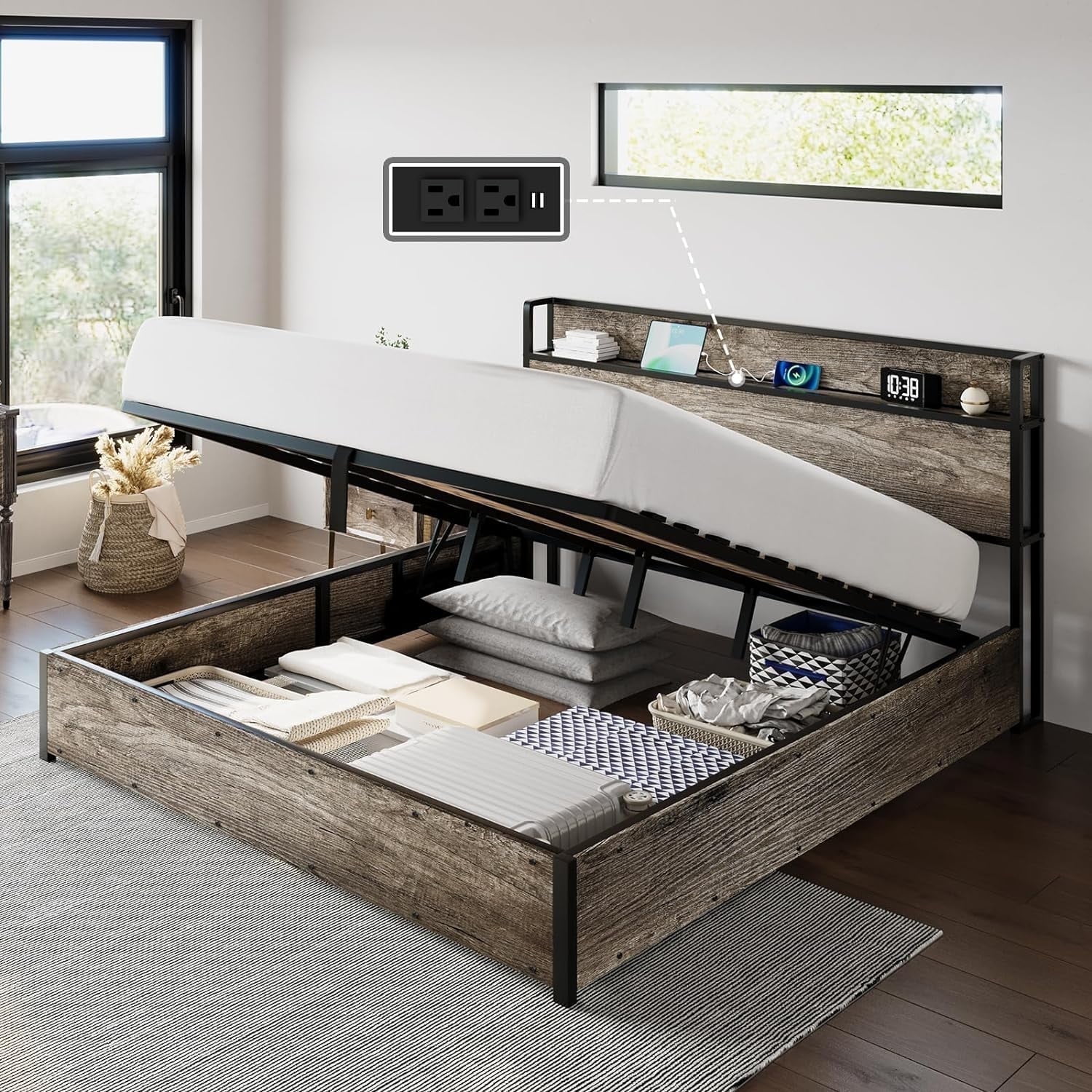 VanAcc King Size Lift up Storage Bed Frame, Wooden Platform Bed Frame with Lifting Storage & Charging Station, Noise Free, rustic grey