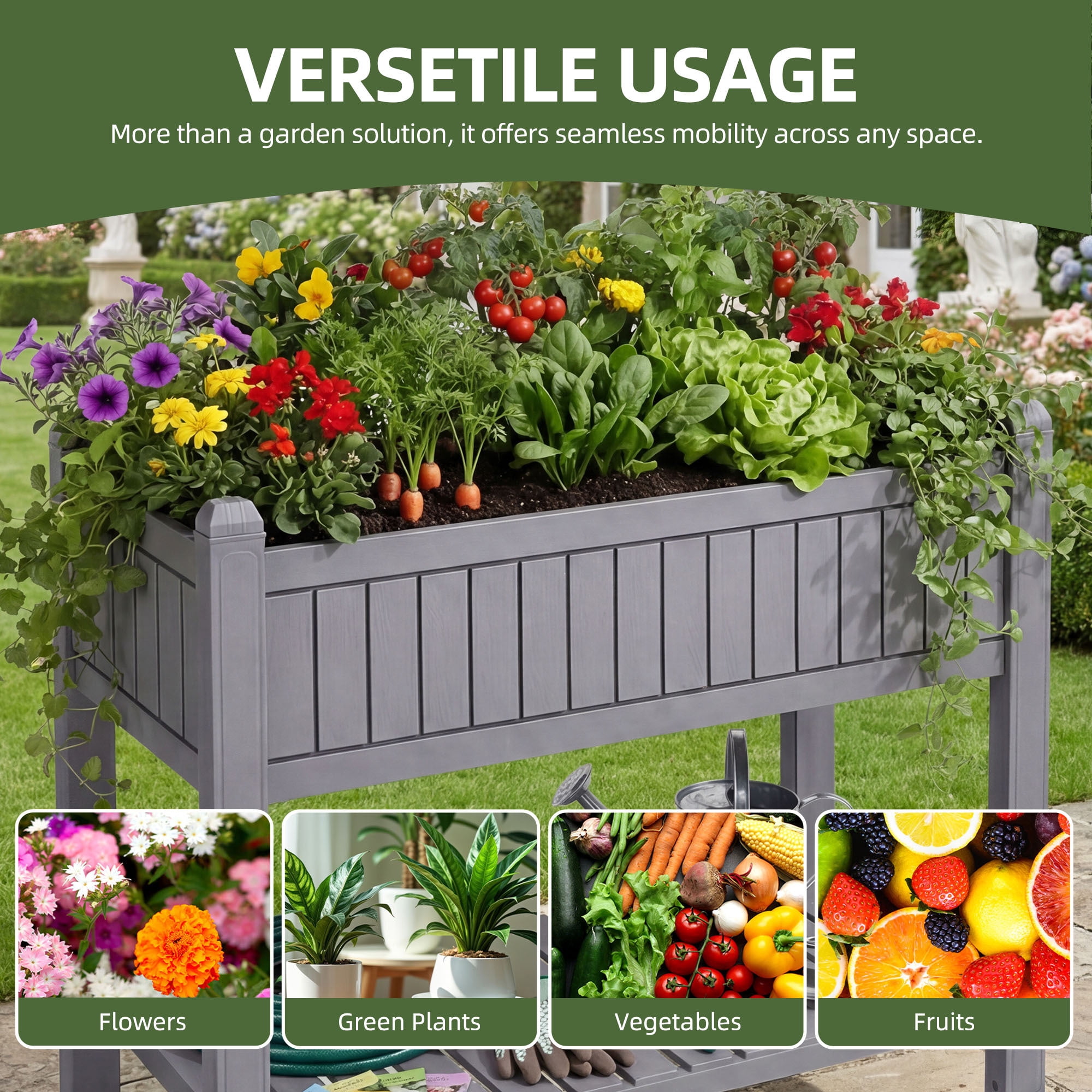 Uforic Mobile Raised Garden Bed 42.5x17.3x35.4 in, Elevated Plastic Planter Box with Drain Plug, Storage Shelf & Wheels, Light Brown