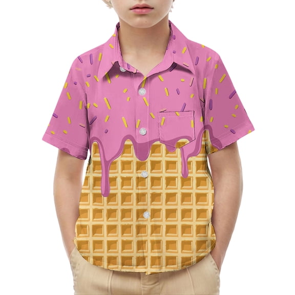 Mifsaly Boys Waffle Graphic Print Shirt Kids Cute Short Sleeve Button Down Uniform Shirts Breathable Casual Summer Collared Tops