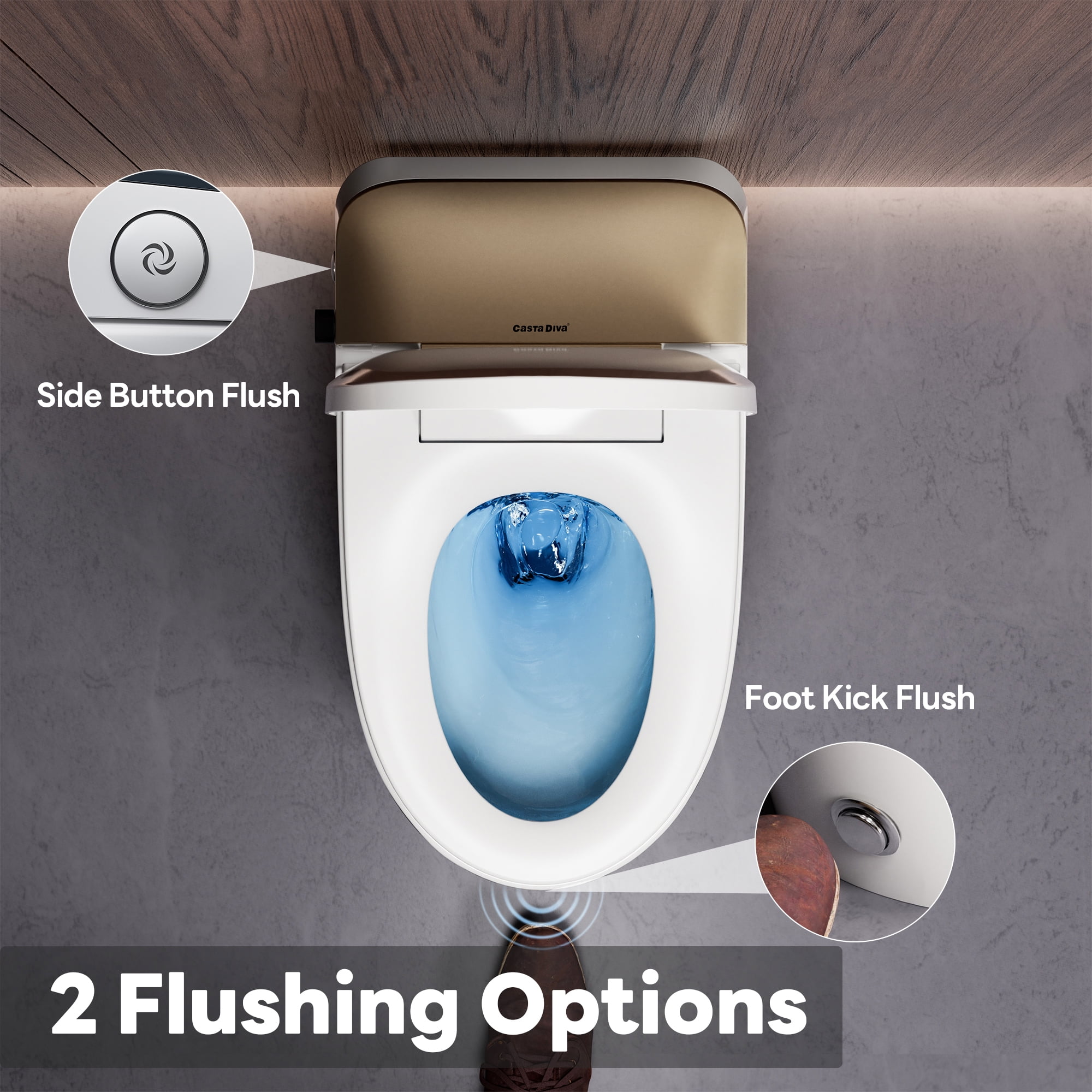 Casta Diva Non-Electric Bidet Toilet, MAP 1000g Powerful Flush Smart Toilet with Lady/Rear Wash, Foot-kick Flush, ADA Comfort Seat Height (Power Free)