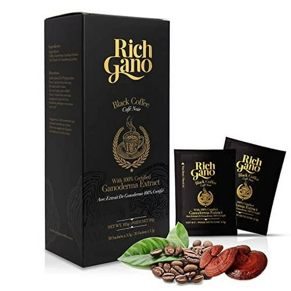 Mushroom Coffee – 30 Sachets Black Coffee With Ganoderma Extract – All Natural Vegan Friendly Coffee Packets – Zero Jitters Immune Support Ganoderma Coffee