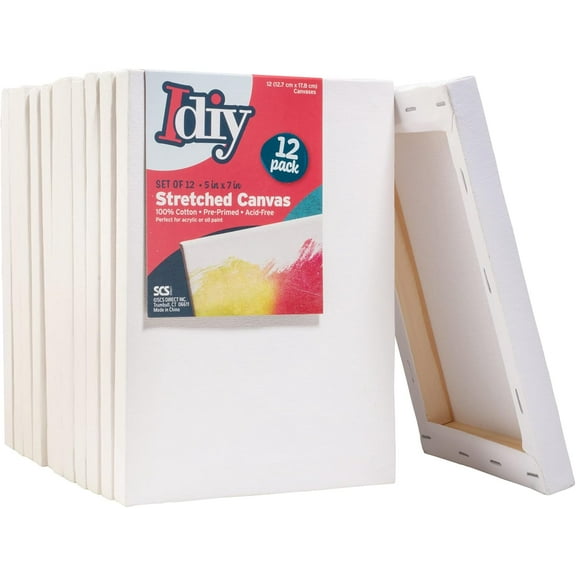 iDIY Stretched Canvas Board 5 x 7 (Set of 12) 5/8" - Classic White Blank, Pre Primed for Oils or Acrylics, 100% Cotton, Acid Free - Professional Grade for Painting or Art Project, Craft, Mixed Media