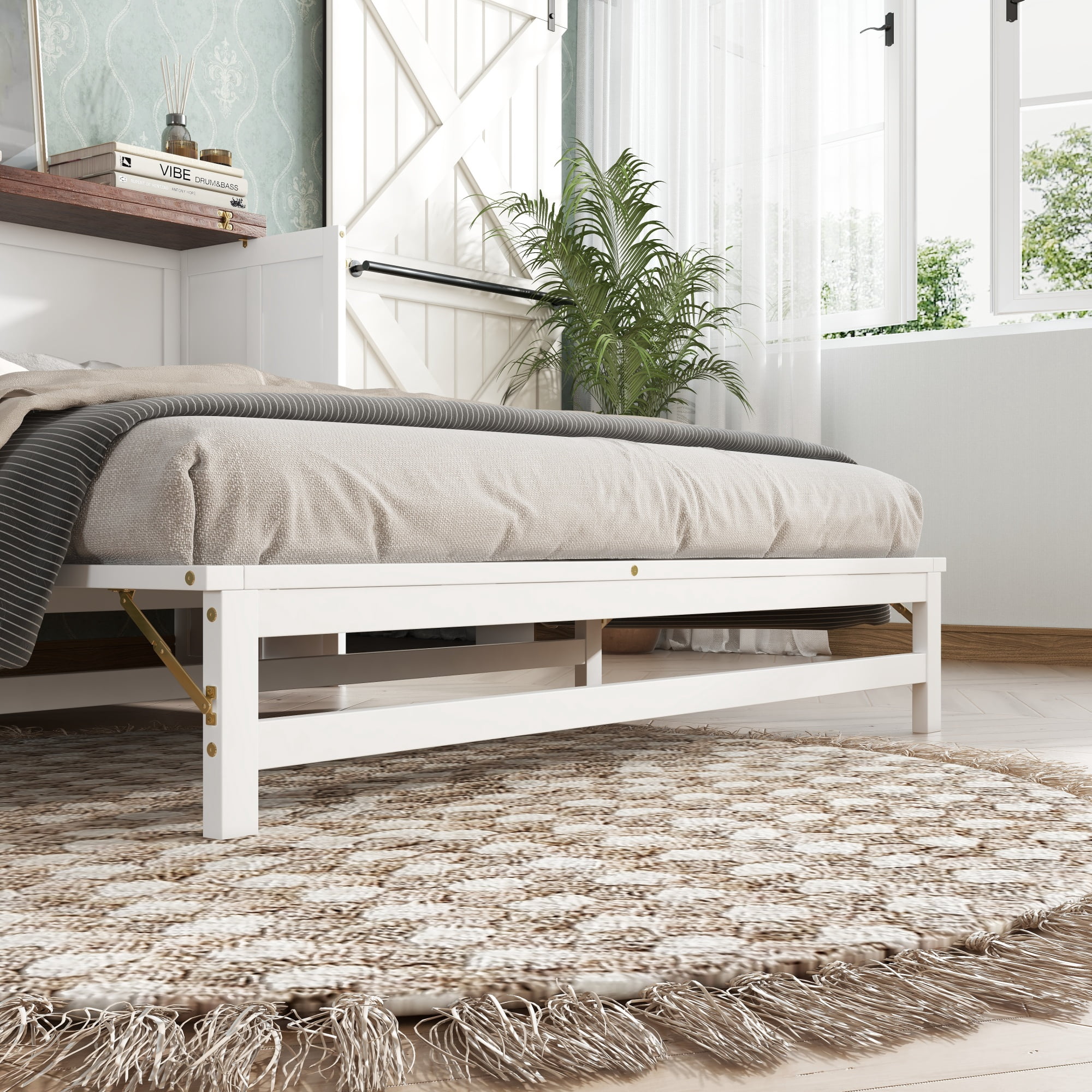 Leumius Queen Size Murphy Bed with Storage Drawer and Charging Station, USB Port, Solid Pine Murphy Bedframe for Home Office Studio or Guest Room White