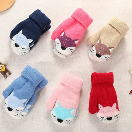 

Zhiyuan Kids Winter Thick Warm Cute Cartoon Fox Double-Layer Knitted Gloves Mittens