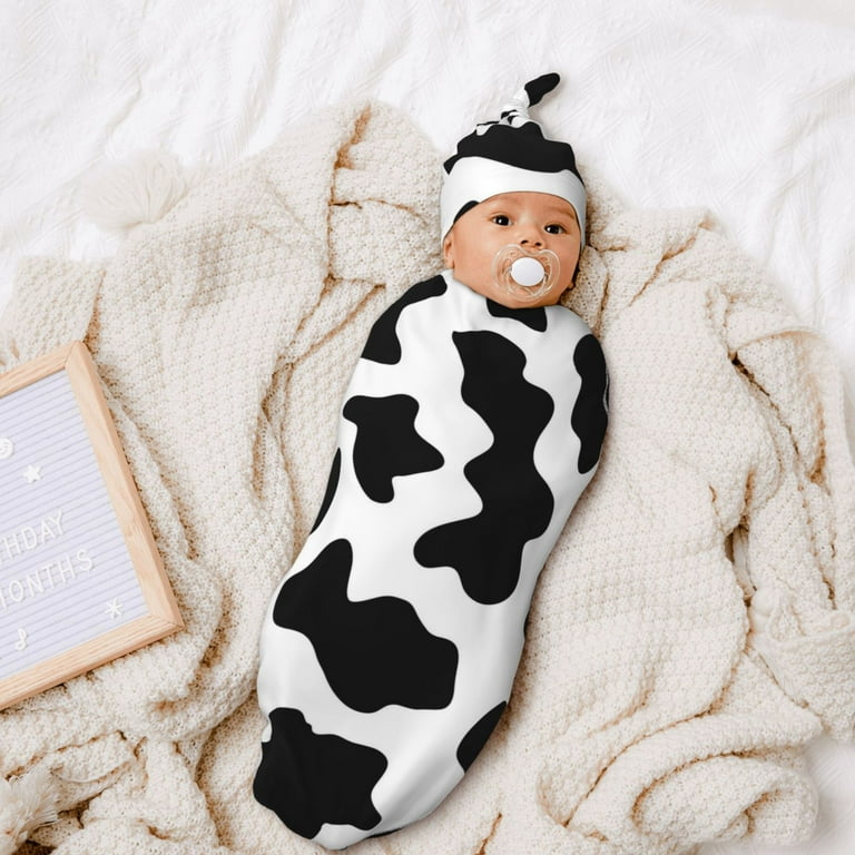 Disketp Milk Cow Print Newborn Swaddle Blanket With Beanie Set Soft Stretchy Blanket For 0 6 Months Baby Boys And Girls Walmart