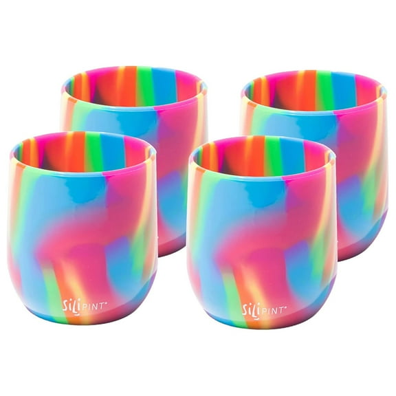 Silipint: Silicone 12oz Stemless Wine Glasses: 4 Pack Hippie Hops - Reusable Flexible & Unbreakable Cups, Hot/Cold