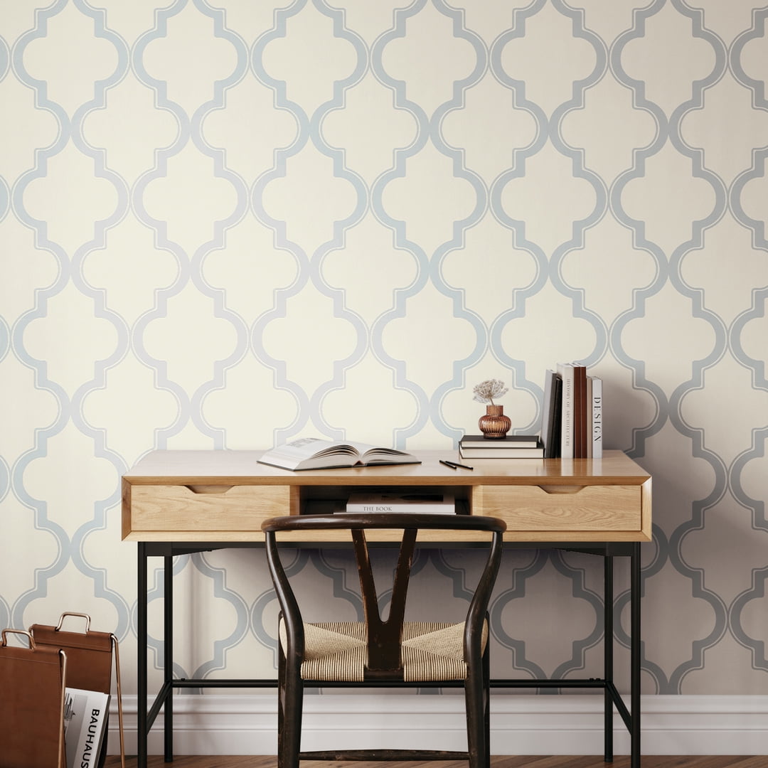 Tempaper Marrakesh Cream & Metallic Silver Peel and Stick Wallpaper, 20.5" x 16.5'