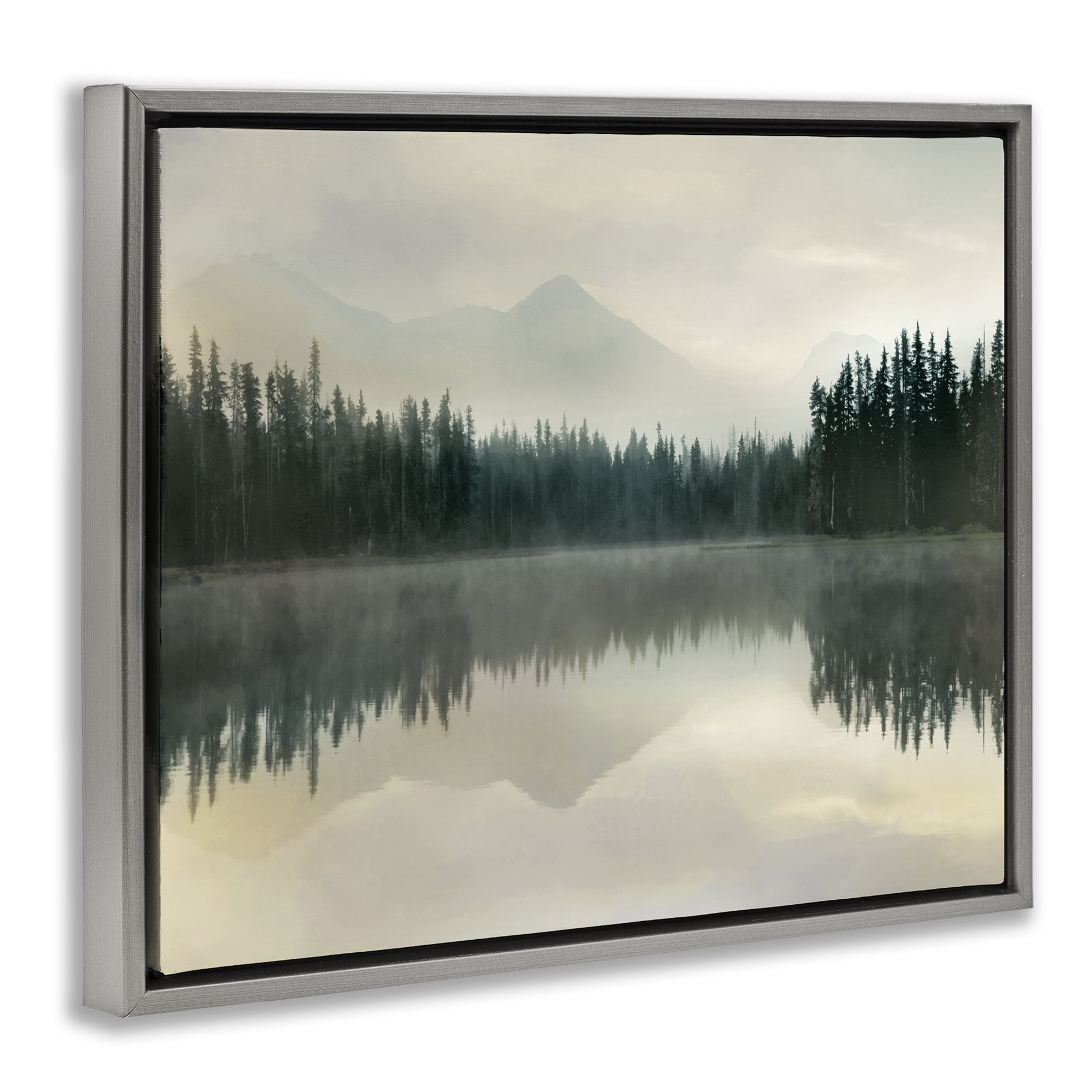 Foggy Lake Forest Landscape Reflection Gray Floating Frame Canvas Art, 21 x 17
