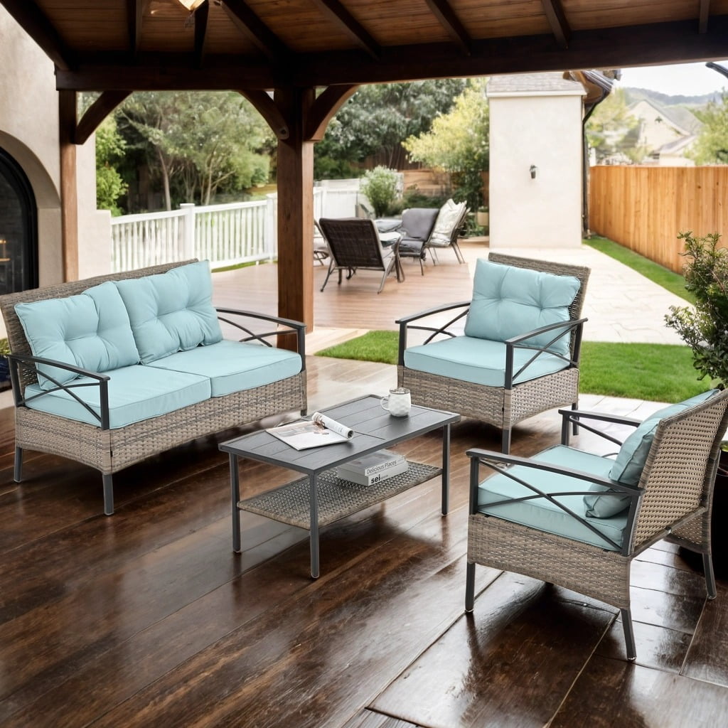 Highsound 4 Pcs Patio Rattan Wicker Furniture set, Outdoor Sectional Sofa Set with Large Coffee Table, Blue