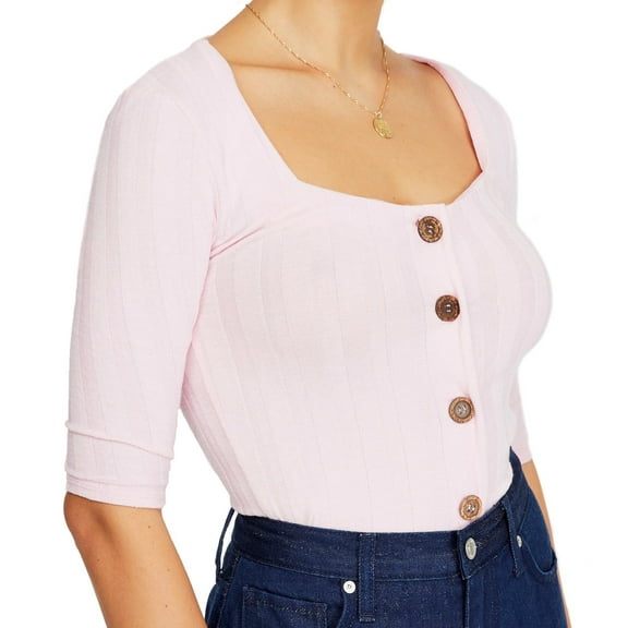 Free People Womens Central Park Ribbed Button-Down Top Pink L