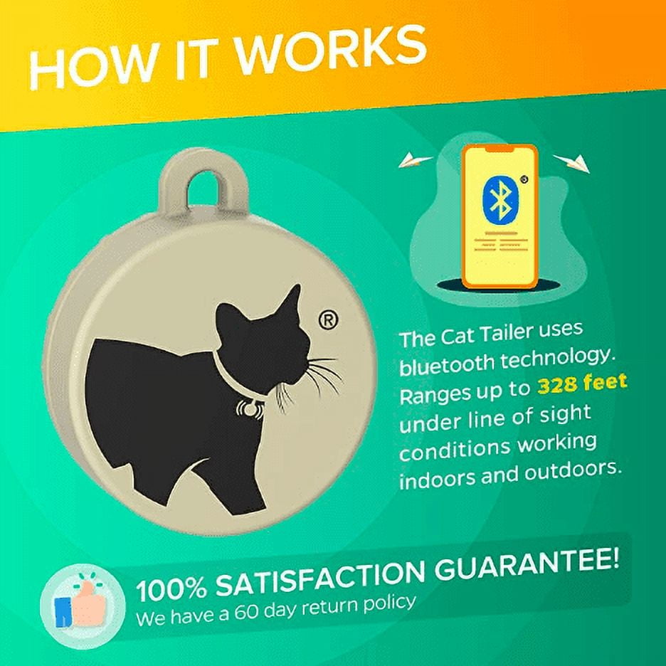 Cat Tailer Cat Tracker - Small and Lightweight Waterproof Bluetooth Pet Collar Attachment, 328 foot Range, Replaceable 6 Month Battery Life, Android/Apple iOS Compatible