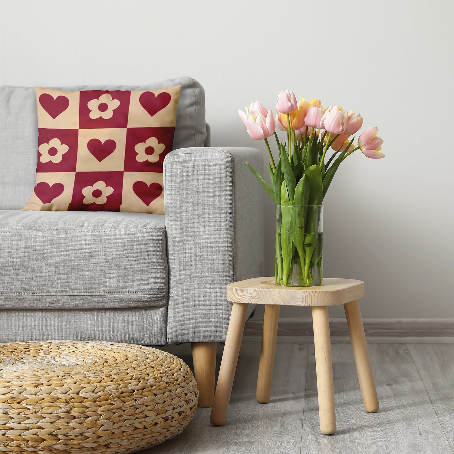26" x 26" Simply Daisy Heart And Flowers Grid Polyester Accent Pillow, Buddah Qty 1