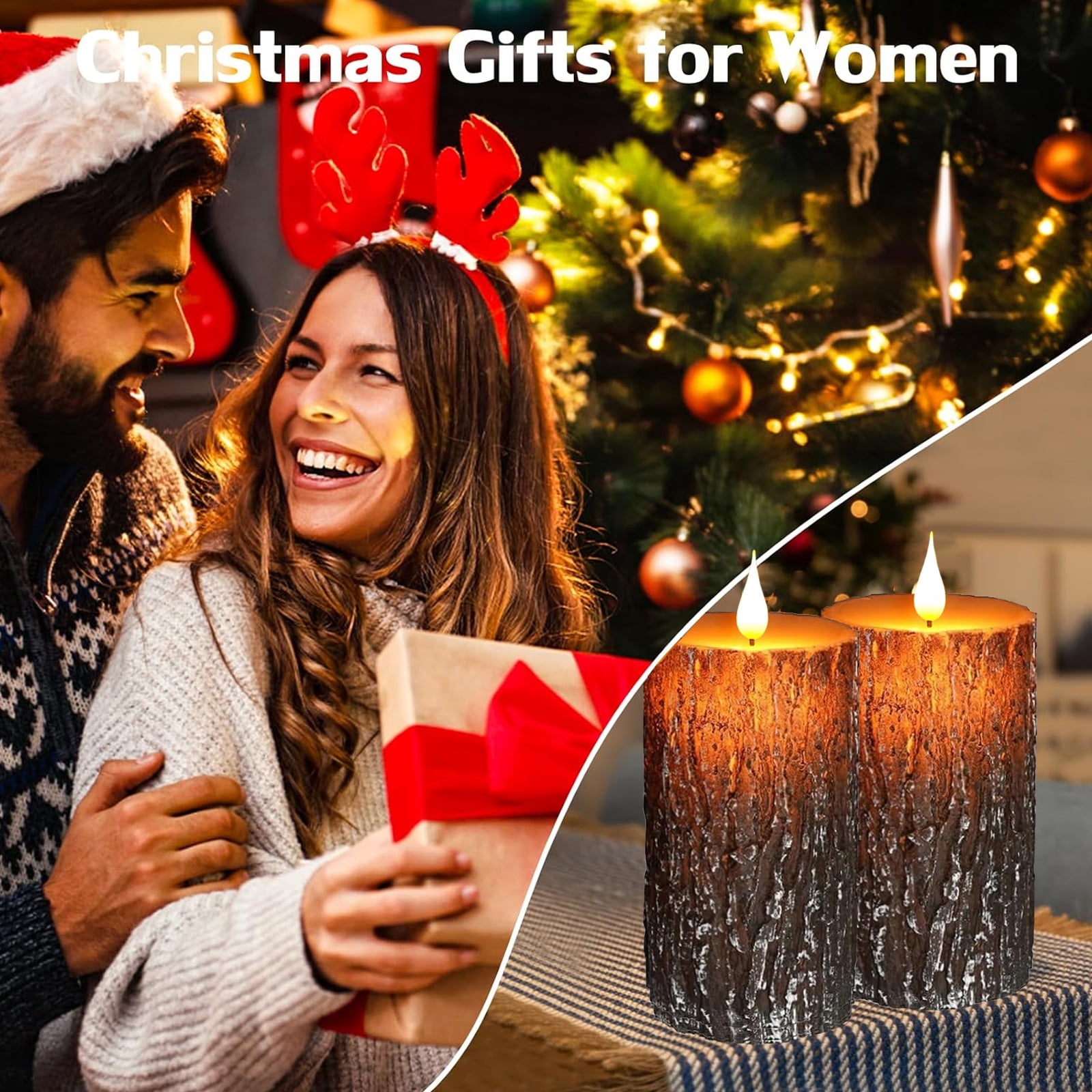 Flameless Candles Lights, Set of 2 6"x3" Pine Bark Flickering LED Candles with Remote & Timer, Dimmable Pillar Candles Battery Operated, Real Wax Electric Candles for Christmas Winter Home Decor