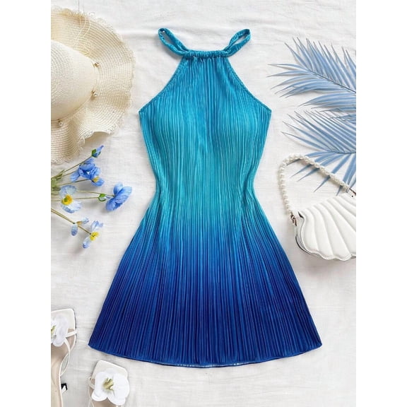 Women's Halter Neck Fitted Pleated Mini Dress with Ombre Print, Slimming Short Dress for Elegant Occasions